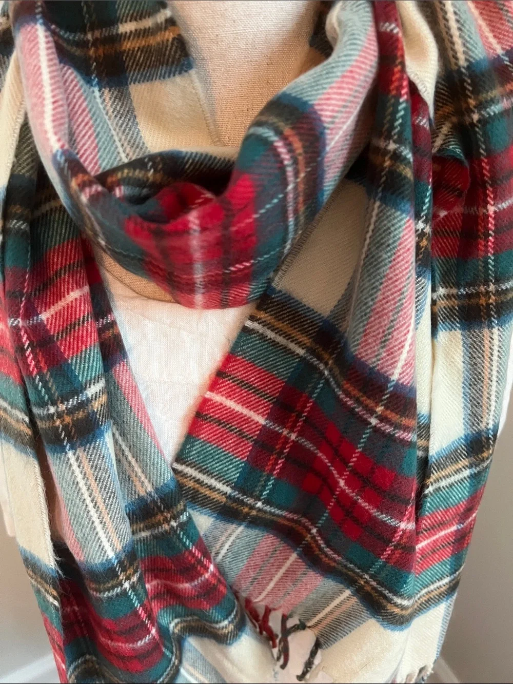 Classic Red Plaid Cream & Green Fringe Scarf Timeless Size 74” L x 12.25” W